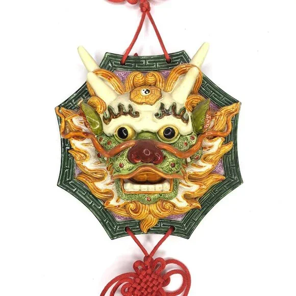 Chinese Yin Yang Dragon Hanging Plaque Pottery Red Tassels Guardian Feng Shui